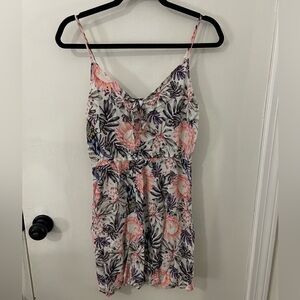 H&M Mini Floral Dress with Tie Sz 10 Pink Purple Green Elastic Waistband